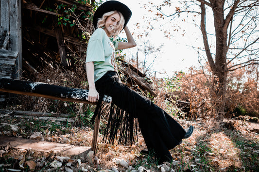 Black Fringe Denim Bell Bottoms